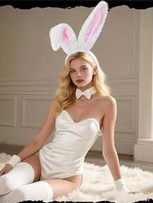 2 pezzi Accessori per costume da coniglio per feste di carnevale - Fascia per capelli con orecchie da coniglio e coda, adatta per donne adulte, set carino e soffice per cosplay, costume di San Valentino - Bianco - Visualizzare 6