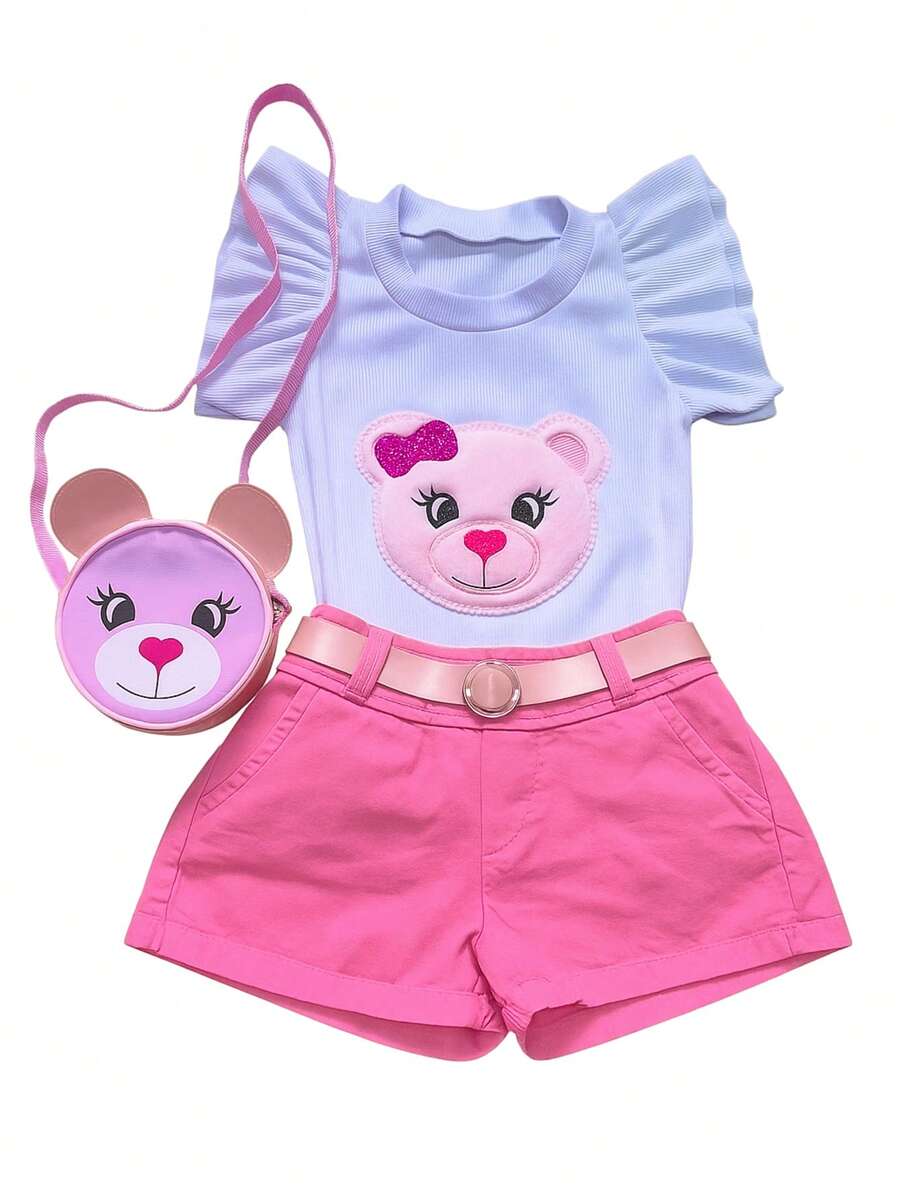 Children's Set For Girls With Teddy Bear Bag, Short-Sleeved Blouse, Shorts And Belt, Butterflies Kids - 淺粉色 - 查看 1