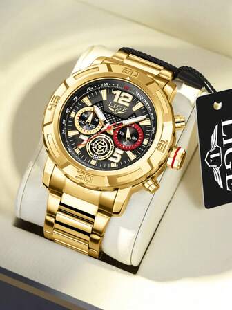  LIGE 青年石英表 生活防水手表 不锈钢表壳，硅胶表带 经典三眼日历 分钟显示 小表盘 时尚多功能手表