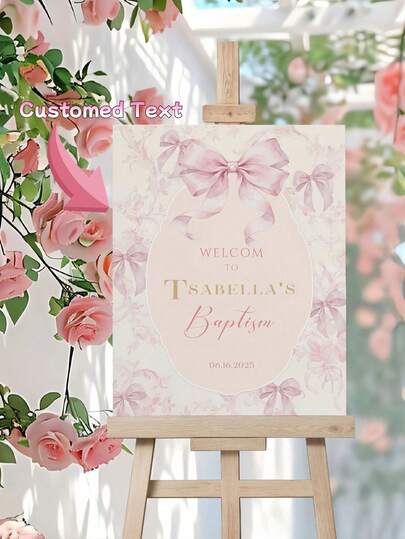 맞춤형 핑크 보우 세례 환영 표지판 - 맞춤형 이름 및 데이트, 핑크 & 화이트 플라스틱 보드, 세례 파티 장식, DIY 베이비 샤워 표지판, 성찬 선물, 쉬운 조립, 이름/번호 태그 포함