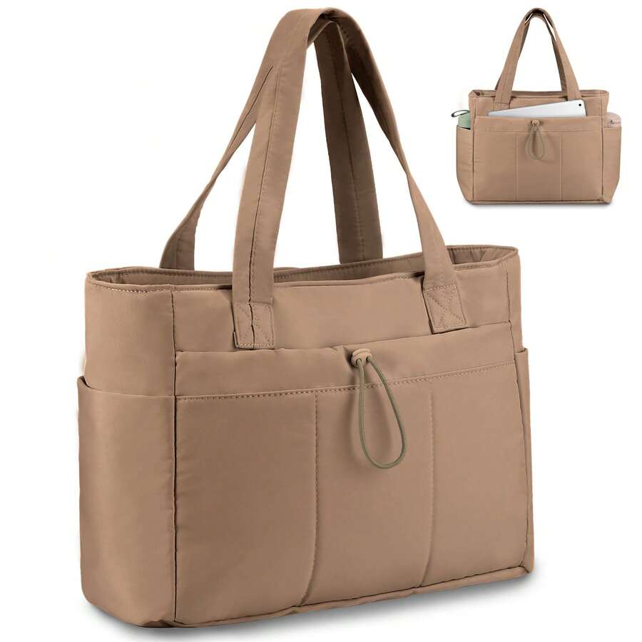 Quilted Tote Bag With Zipper, Puffer Tote Bag With Cup Holder & Laptop Compartment & Trolley Sleeve For Travel, Work, Nurse, Women - 卡其色 - 查看 1