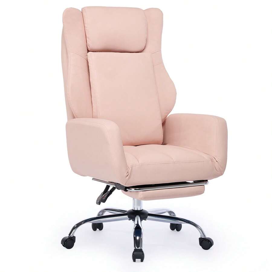 Ergonomic Office Chair With Crossed Legs, PU Leather Upholstery, Large Design With High Backrest, Fold-Up Armrests And Footrest, Complete With Headrest And Lumbar Support Cushion. - Pink - View 1