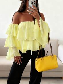 Women's Casual Elegant Yellow Ruffle Flare Sleeve Pleated Sheer Chiffon Romantic Date Party Fashionable Comfortable Versatile Loose Long Sleeve Blouse, Spring/Summer - Yellow - View 1