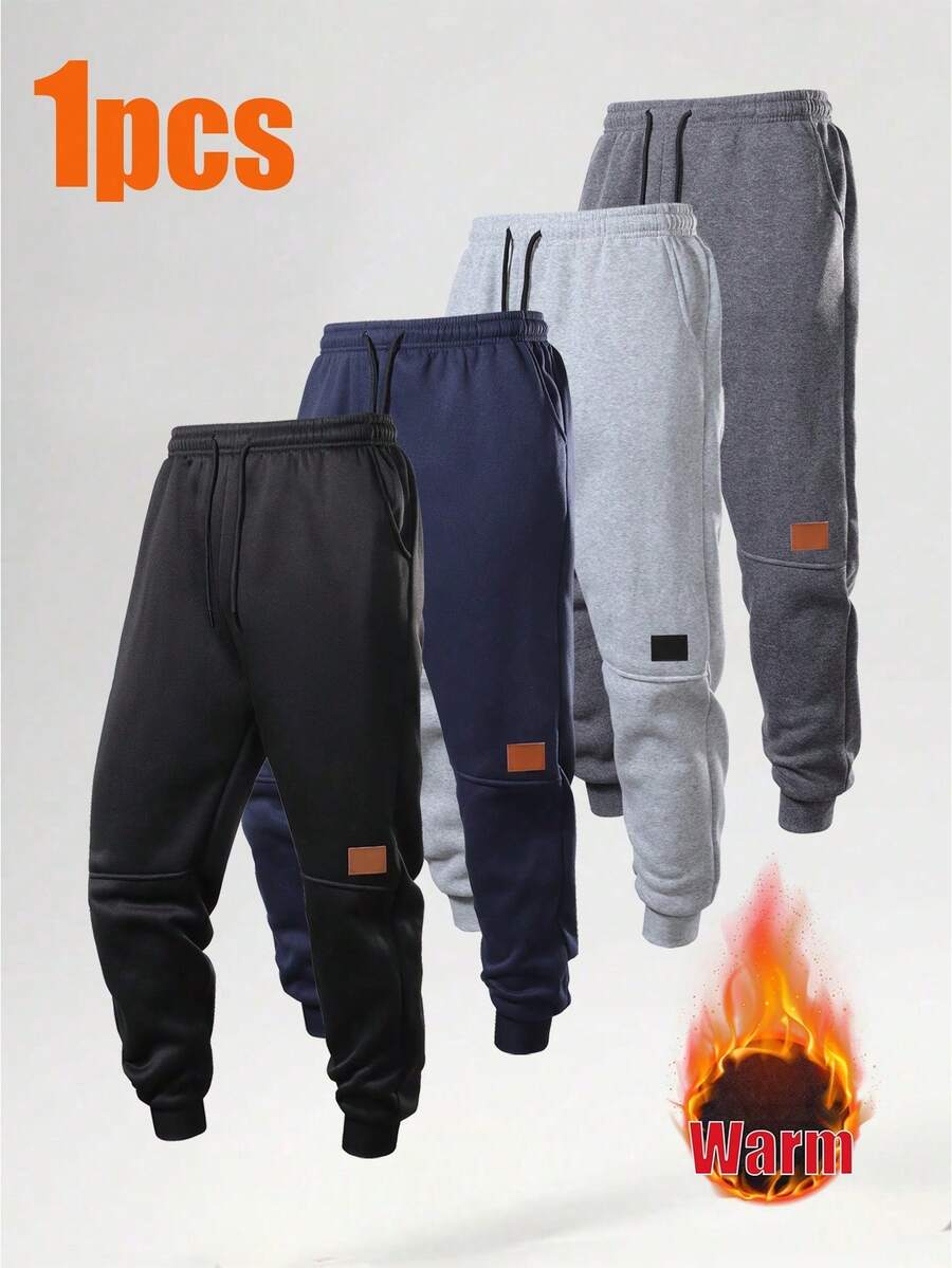 Men's Casual Elastic Waist Thermal Lined Tapered Pants, Simple & Fashionable For Autumn/Winter,Fleece - Black - View 1