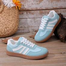 New Women's Spring/Summer Versatile Shoes, Light Blue & White Retro Sneakers With White Stripes And Thick Rubber Soles, Suitable For Daily Commute, Festivals, Casual Outings, Fresh And Comfortable, Solid Color Sports Lace-Up, Home Wear