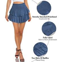 - Minifalda de cintura alta para mujer, dobladillo con volantes, acampanada, informal, con vuelo, minishort por debajo, para la playa, azul - gris, Large - inicial - Ver 2