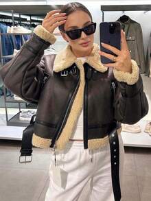 Women's 2025 Winter Warm Lamb Fur Splicing Artificial Leather Short Motorcycle Jacket Lapel Zipper Decoration Elegant Women's Streetwear - Màu nâu  Mocha - Xem 2