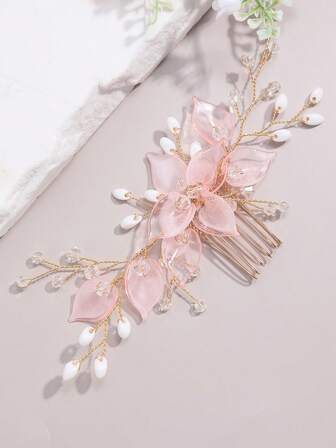 1件套新娘发簪，森林风格摄影配饰，婚礼旗袍头饰，手工亚克力花朵发梳，粉色