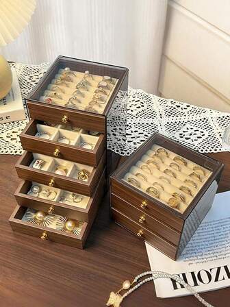 1 Piece 5/3 Layer Transparent Acrylic Wood Grain Jewelry Box. Large Capacity Jewelry Storage Box, Drawer-Style Jewelry Storage And Display Box With Adjustable Velvet Tray. Suitable For Earrings, Rings, Bracelets, Necklaces, Etc., It Is An Ideal Choice For Home Jewelry Storage And Organization.