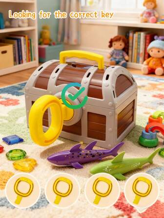 19-delad dykskattkista med poolleksak, 10-delad färgglad stor diamantinfattning med fyra nycklar, två sjögräs, två hajar, lämplig som presenter till Thanksgiving, jul och Halloween