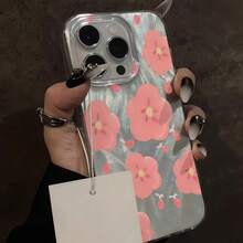 1pieza Funda de Teléfono Rígida con Borde Suave y Diseño de Flor Rosa Lujosa y Brillante, Adecuada para for  16 15 14 13 12 11 Pro Max , fundas movil, funda para móvil, carcasa celular - Plata-697 - Ver 4