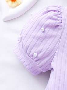 Girls' Summer Short Sleeve Purple Ribbed Splice Mesh Dress + Pearl Mini Handbag, Suitable For Birthday Party, Cocktail Dress - Mauve Purple - View 5