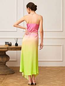 优雅渐变垂褶不对称下摆吊带连衣裙，夏季 - 彩色 - 查看 2