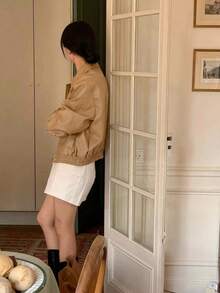 Women's Retro Casual Commuter Versatile PU Leather Jacket, Korean Design, Autumn/Winter - Khaki - View 3