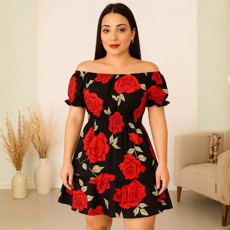 Short Dress Made From Duna Fabric With Short Sleeves. - Black With Red Roses - View 1