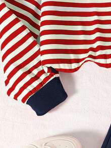 Left Mama 2pcs Girls Casual Striped Long Sleeve Top And Wide Leg Pants Set, Spring/Autumn - Red - View 4