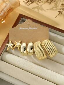 6/18pcs New ABS Resin & CCB Gold Color Exaggerated C-Shaped Geometric Earring Set, Fashionable & Elegant, Suitable For Daily Wear And Holiday Gifts, Delicate Festival Presents