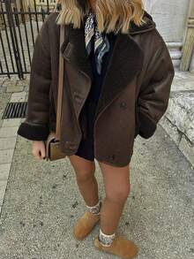 Chaqueta suelta con cuello de piel sintética marrón Maillard de unicolor para mujer, adecuada para uso diario y diversas ocasiones, otoño/invierno - Café integral - Ver 8