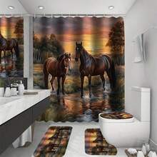 Juego de 1/4 piezas de cortina de ducha con patrón creativo de caballo bebiendo agua al atardecer, que incluye alfombra antideslizante, tapete de inodoro, alfombra de baño, cortina de ducha opaca y 12 ganchos resistentes, decoración y accesorios de baño de alta calidad, adecuados para todos los estilos de decoración del hogar - Multicolor - Ver 10