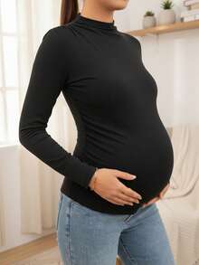 Black Maternity Long Sleeve Mock Neck Stand Collar Fitted Pleated Ruched Side T-Shirt Blouse, High Stretch Polyester Regular Length Tops For Daily Commute Casual Wear Layering - Black - View 2