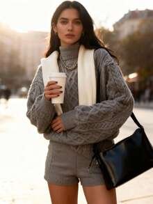 VIBEWAVE Grey Cable Knit Sweater For Women, Loose Relaxed Fit Soft Pullover Knitwear - Grey - View 2