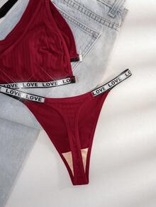 1 套红色性感深 V 链前钩扣优雅刺绣“爱心”蕾丝文胸和丁字裤内衣 - 酒紅色 - 查看 7