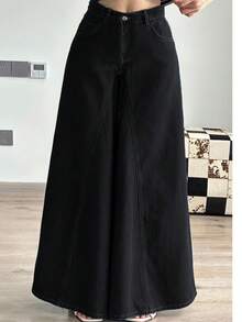 Quần jeans ống rộng dáng suông màu đen kiểu Mỹ mùa Xuân/Thu 2025 mới dành cho nữ, quần culottes ống đứng thời trang thường ngày. - màu đen - Xem 5