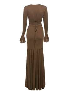 Elegant Women's Brown Knitted Dress, Long Sleeve Round Neck Fitted Mermaid Style, Made Of High-Stretch Fabric For A Refined And Graceful Look. - Coffee - View 7