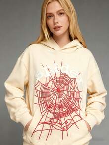 Men's Y2K Hoodie Hip Hop Spider Web Lettering Printed Sweatshirt - Aprikos - Visa 4