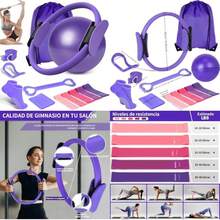 NEWKIBOU Kit Pilates 13 en 1 Profesional para Mujeres - Incluye Aro Pilates, Pelota Yoga 25cm, 5 Bandas de Resistencia, Accesorios para Entrenamiento en Casa, Yoga y Fitness - Equipo Completo Hogar(Morado) - Multicolor - Ver 1
