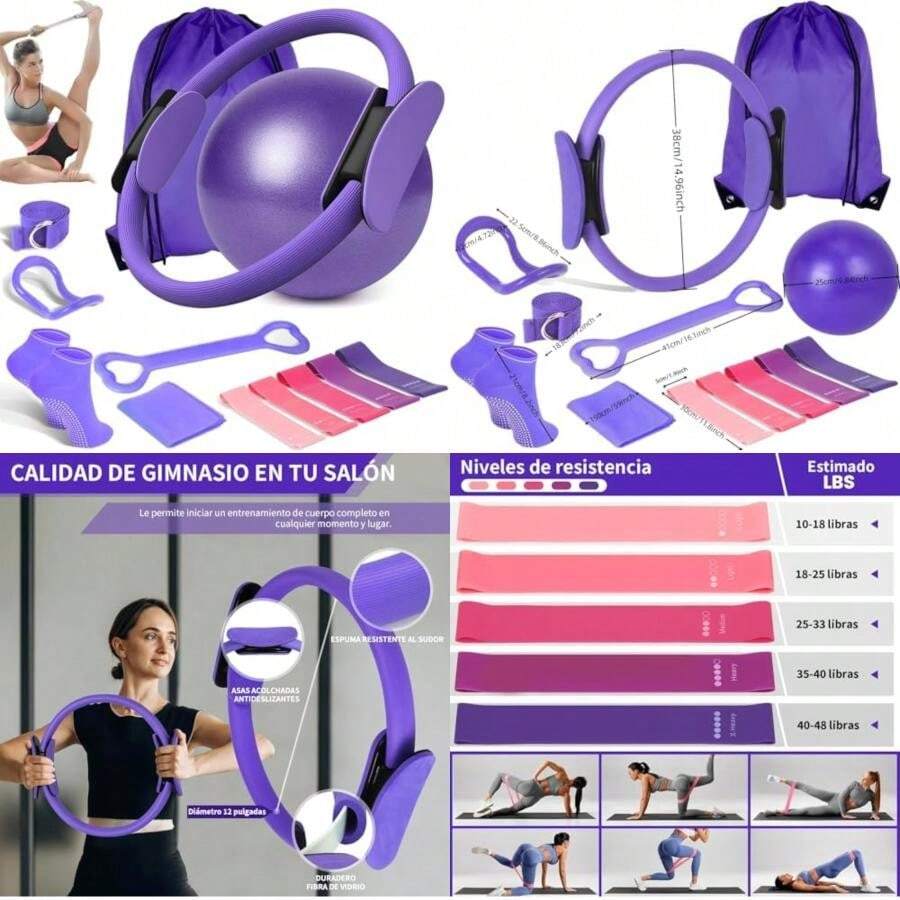 NEWKIBOU Kit Pilates 13 en 1 Profesional para Mujeres - Incluye Aro Pilates, Pelota Yoga 25cm, 5 Bandas de Resistencia, Accesorios para Entrenamiento en Casa, Yoga y Fitness - Equipo Completo Hogar(Morado) - Multicolor - Ver 1