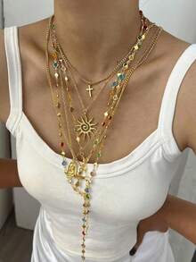 2-7pcs Vintage Elegant Fashion Hip Hop Retro Coin Rhinestone Embellished Pendant Necklace Set, Featuring Cross, Flower, Sun, Heart Designs, Tassel Decor, Y-Necklace, Choker, Suitable For Women, Vacation, Party, Daily Wear, All Seasons - Nhiều màu - Xem 13