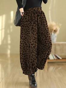 Women's Autumn/Winter Fashion Leopard Print All-Over Print Pocket Elastic Waist Loose Harem Pants, Casual Fashion Comfortable - Coffee Brown - View 4