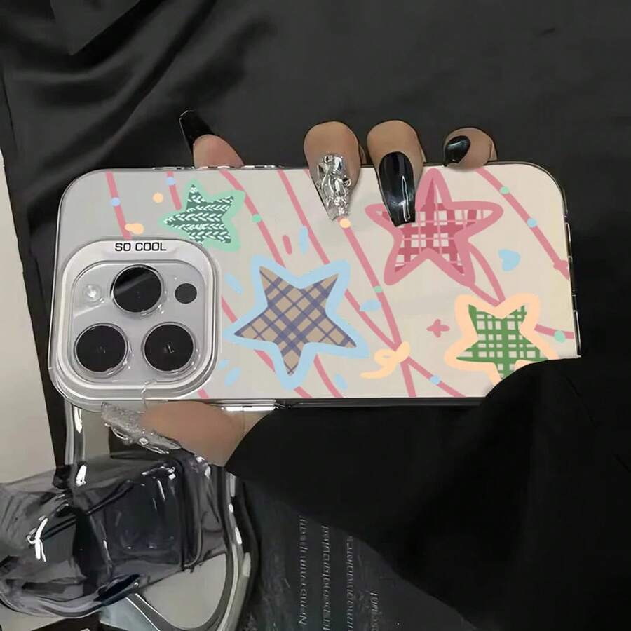 Funda de teléfono minimalista dulce y linda con estilo graffiti estrellas y líneas coloridas sobre fondo plateado compatible con 17 17AIR 17PRO 17PROMAX 11 11pro 11promax 12 12pro 12promax 13 13pro 13promax 14 14PLIUS 14pro 14promax 15 15PLUS 15PRO 15PROMAX 16 16E 16PLUS 16PRO 16PROMAX decoración estrella moderna funda navidad Christmas - Blanco - Ver 1
