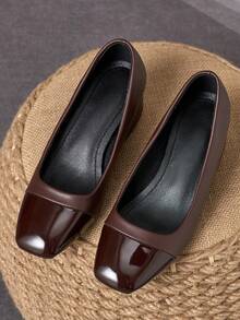 Brown Patent Two-Tone Square Toe Block Heel Pumps – 5cm - Brown - View 4