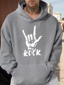 Sudadera con capucha gris con estampado de mano de esqueleto y texto ROCK para hombres estilo rockero casual - Gris - Ver 6