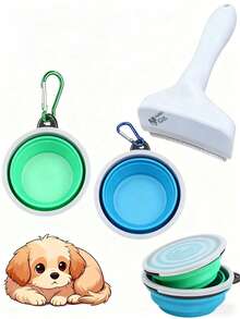 1pc Fluffy Pet Brush + Foldable Pet Bowl, 2-In-1 Grooming & Feeding, Portable Quiet Pet Brush & Pet Bowl, Suitable For Dog Supplies/Cat Supplies/Pet Hair Remover/Pet Deshedder - Multicolor - View 1