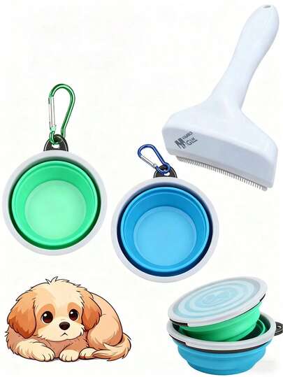1pc Fluffy Pet Brush + Foldable Pet Bowl, 2-In-1 Grooming & Feeding, Portable Quiet Pet Brush & Pet Bowl, Suitable For Dog Supplies/Cat Supplies/Pet Hair Remover/Pet Deshedder