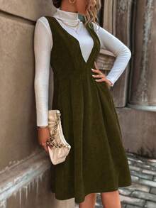 Elegant Sleeveless Corduroy Solid Color Ruffle Hem Dress Plus Size Women's Military Green Zipper Pleated Corduroy Pinafore Dress Women's Solid Color Slim Fit Sleeveless Dress - Army Green - View 3