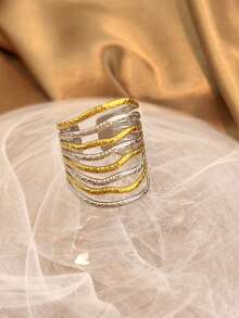 1pc Minimalist 18K Gold Plated Stainless Steel Striped Hollow Design Adjustable Open Ring, Tarnish Resistant, Couple Accessory, Gift For Valentine's Day Valentines - Stripe - View 10