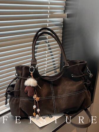 1pc FEISTURE Large Capacity PU Leather Handbag, Commuter Shoulder Bag With Pendant, Suitable For Girls, Ladies, College Students, Young Professionals, Great For Work, Business, Commute, School