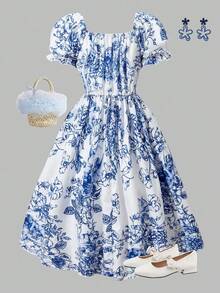 女童碎花泡泡袖连衣裙，方领设计，优雅时尚，适合夏季户外活动和派对。 - 藍色 - 查看 3