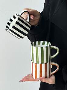 1pc Classic Striped Ceramic Cup, Minimalist Vertical Striped Coffee Mug, Household Water Cup, Niche Design High-Quality Mug, Medium Coffee Cup, Tea Cup, Household Water Cup, Gift, Birthday, Household Latte Cup - Multicolor - View 7