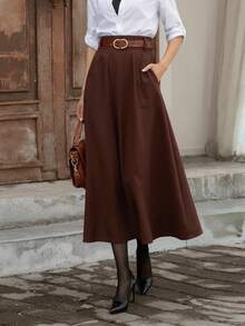 Versatile Casual Commute Solid Color High Waist A-Line Skirt - Reddish Brown - View 2