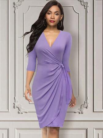 Elegant Lavender Wrap Dress For Evening Cocktail V-Neck 3/4 Sleeve Ruched Bodycon Dresses For New Year Valentine's Day