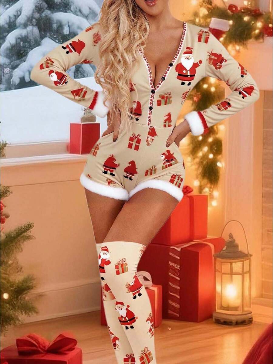 Women's Christmas Romper Pajamas Cute Cartoon Print Long Sleeve Fur Trim Jumpsuit Shorts Sleepwear - Màu Khaki - Xem 1
