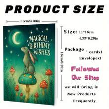 一张精美的“魔法生日祝福”贺卡，附信封，以月光下的兔子为设计元素，搭配奇幻森林图案和蓝绿色调，是送给奇幻爱好者和亲朋好友的完美礼物，也是生日庆祝的理想之选。魔法兔子生日贺卡|奇幻森林贺卡|纸质贺卡 - 彩色 - 查看 4