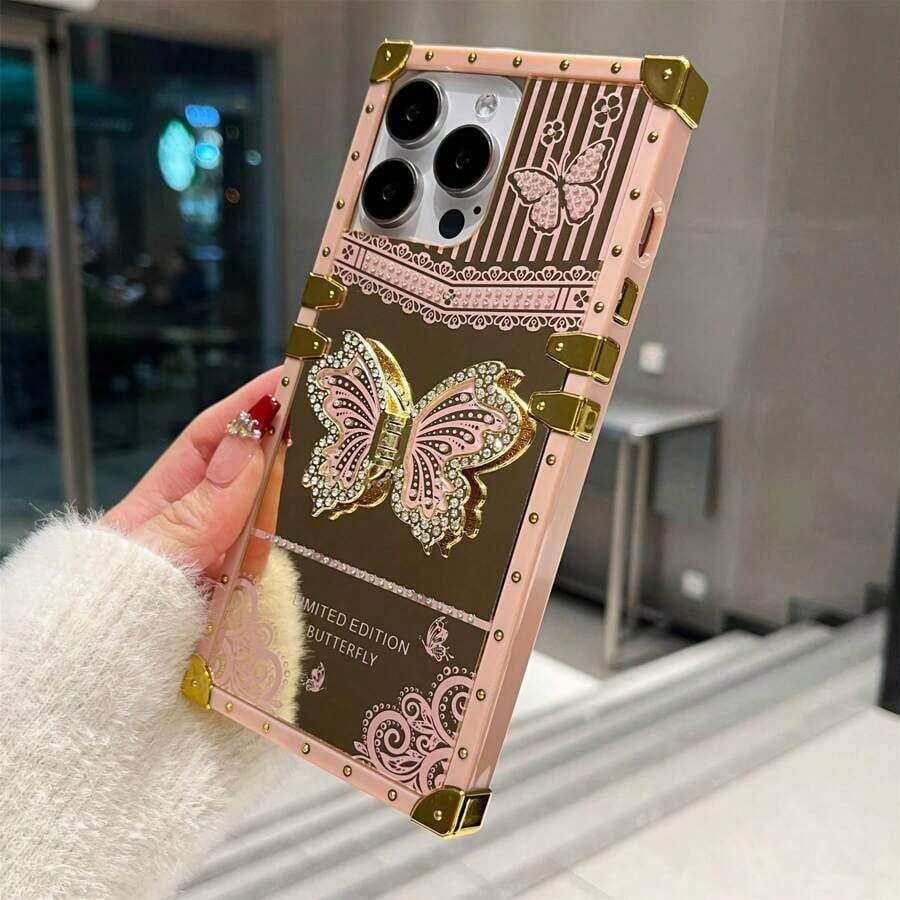Gilded Butterfly Bracketed Phone Case Compatible With IPhone 11/12/13/14/15 Pro Max And  Galaxy S24/S23/S22/S21U/A13/A14/A22/32/34/52/53/54/72/73/24 Models - Hồng - Xem 1