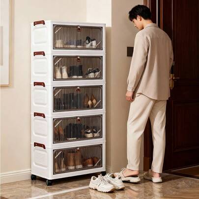 1pc (38cm-58cm Wide) Foldable Shoe Rack, Plastic Flip Cover Storage Cabinet, Collapsible Clothes Organizer, Home Portable Wardrobe, Living Room Toy Cabinet, Snack Shelf, Kitchen Floor Standing Rack, Christmas & Halloween Gift, Bathroom Tissue Paper Storage Box, Bedroom Floor Standing Rack