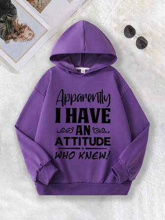Girl's Long Sleeved Hooded Sweatshirt With A "Apparently I HAVE AN ATTITUDE WHO KNEW!" Print Pattern, Providing A Comfortable, Fashionable, And Casual Autumn And Winter For School, Shopping, Streetwear And Vacation Wear